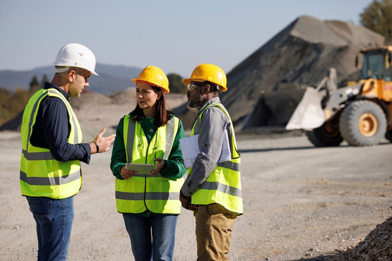 Workers with mining equipment behind