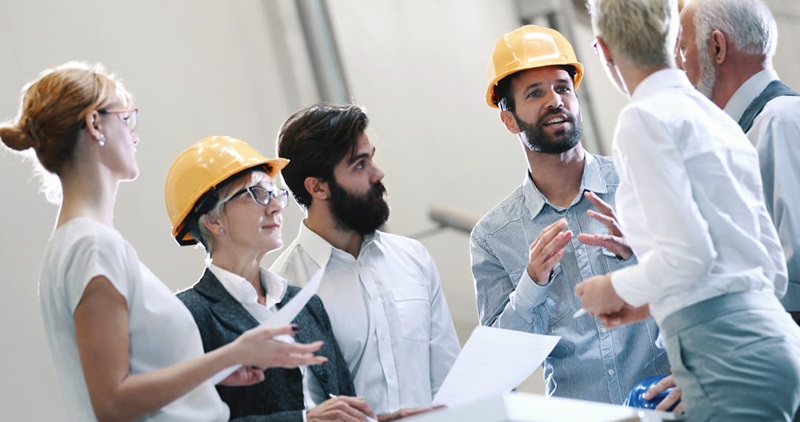 Workers with hard hats