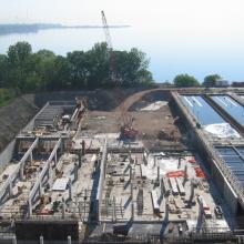 Construction of new longitudinal type secondary clarifiers and new travelling bridge type primary clarifiers Aerial Overview