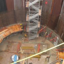 clearwell reservoir base slab overview with scaffold stairs