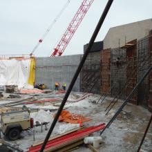 Formwork and rebar installation for concrete wall pour